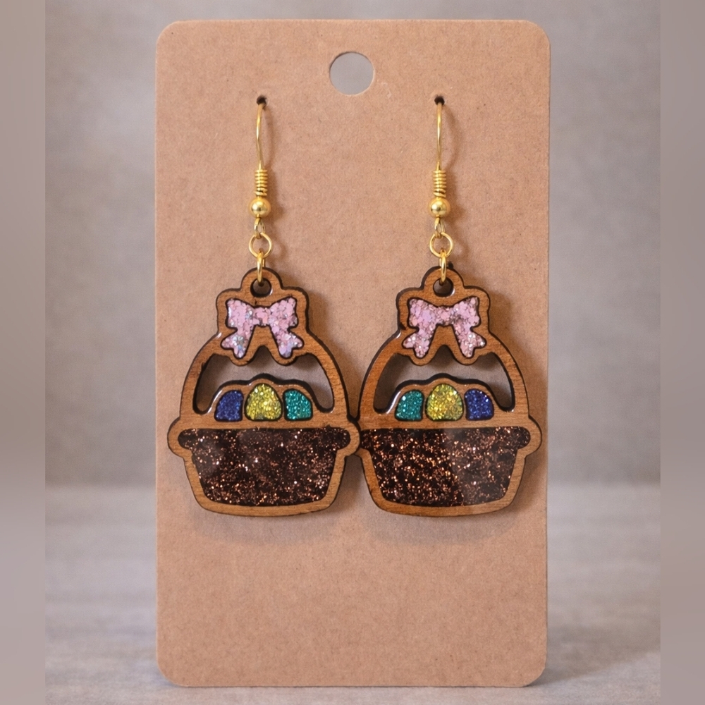 Handmade Resin & Glitter Wood Easter Basket Earrings